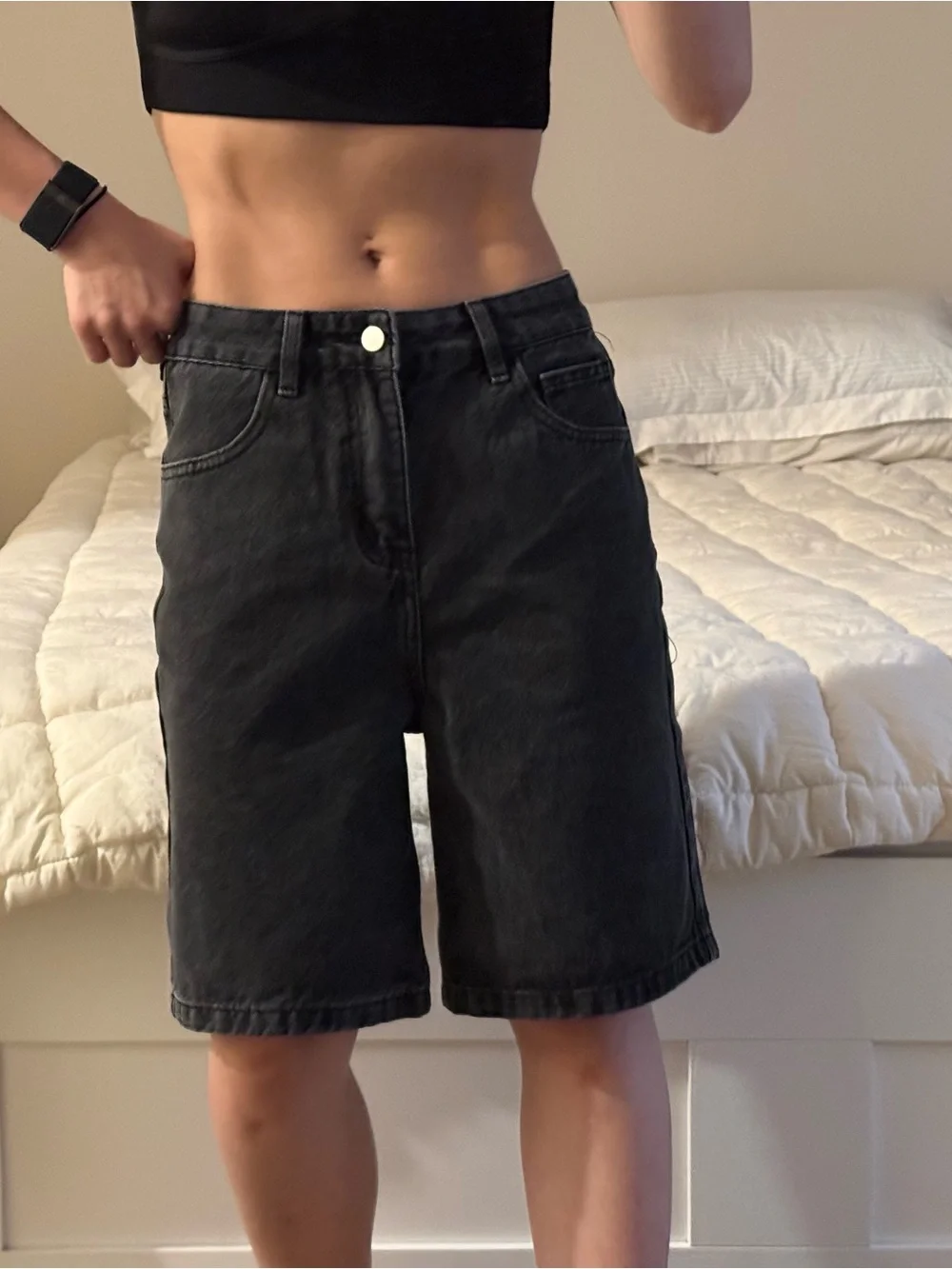 High-Waisted Black Denim Long Shorts